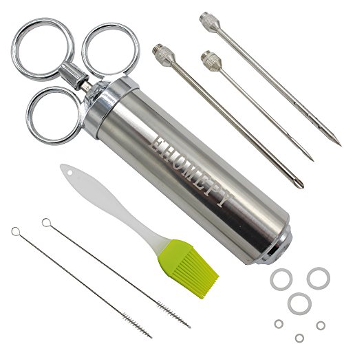 Ehomepy heavy duty 304 Stainless Steel Meat Injector Kit FDA Food-Grade Turkey Injector Kit  Dishwasher Safe with 3 Meat Needles 6 O-rings 2 Basting Brush Cleaning Brush for BBQ Grill Roast