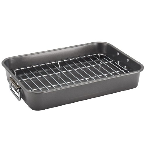 Farberware Nonstick Bakeware 11-Inch x 15-Inch Roaster with Flat Rack  Gray