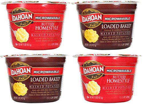Idahoan Microwavable Instant Mashed Potatoes Variety Bundle  (2) Buttery Homestyle 1 5oz ea and (2) Loaded Baked 1 5oz ea (4 Pack Total) - Gluten Free