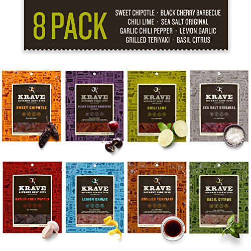 KRAVE Gourmet Cuts Jerky Variety Pack  Pack of 8  Beef Jerky  Pork Jerky  and Turkey Jerky  Gluten-Free  2 7-Ounce Bags