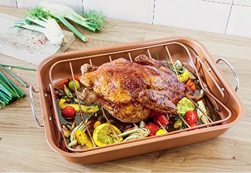 MEGLIO Copper Roaster Pan with Rack for Turkey   Ham   Ribs   More