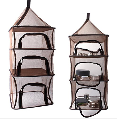 Morcare Camping Dry Net  3 Layer Folding Hanging Mesh Dish Dryer Rack Shelf Food Storage Net Basket for BBQ Tableware  Vegetables  Fish  Fruit (Brown)