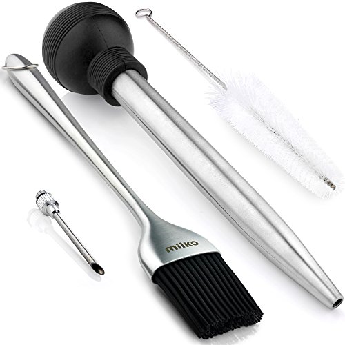Steel Turkey Baster Barbecue Basting Brush with Flavor Injector and Cleaning Brush - By MiiKO
